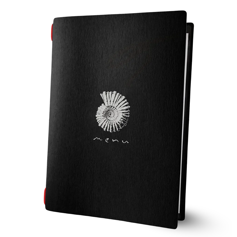 Black hospitality menu holder with print | 17 models